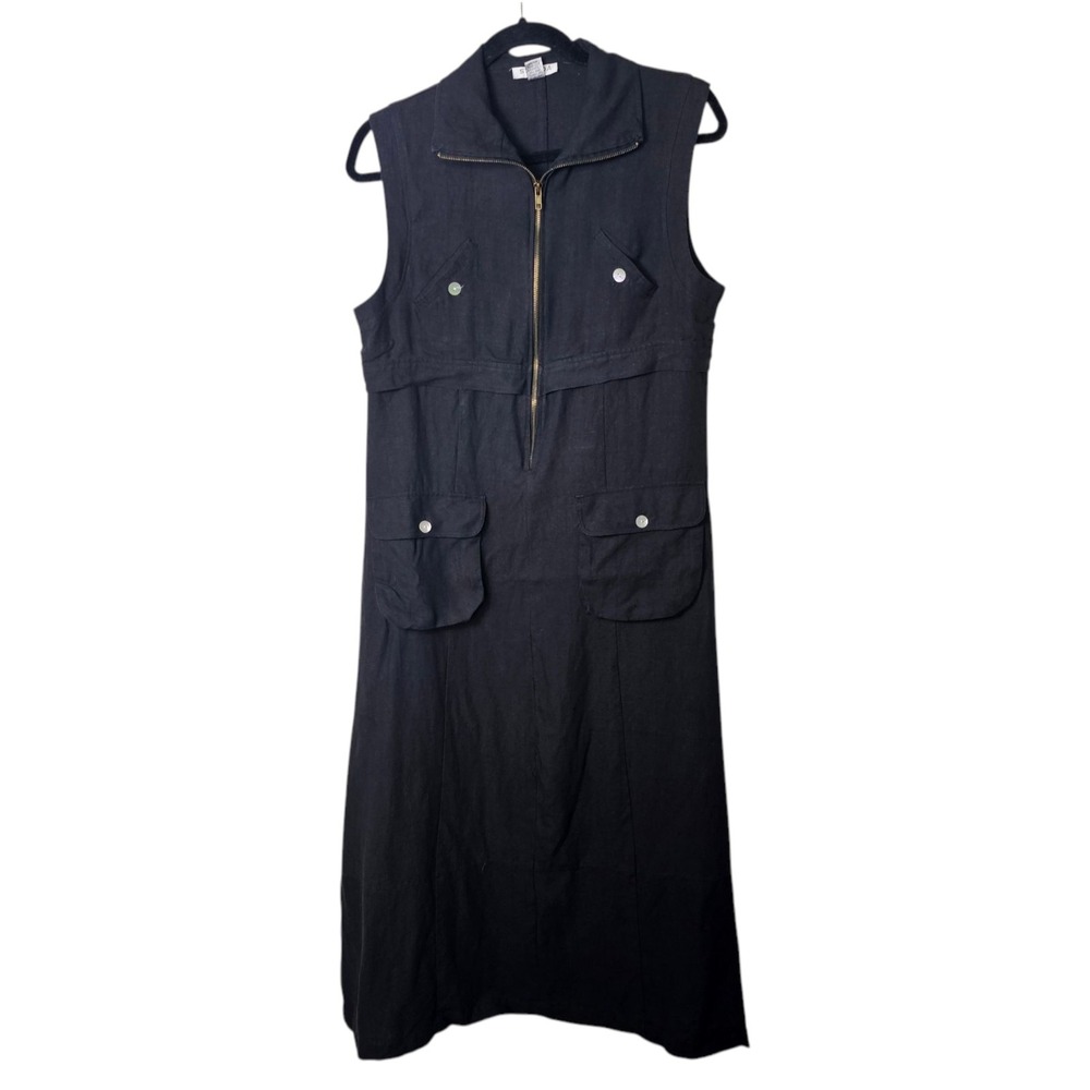 Strada L Black Linen Maxi Dress Sleeveless‎ Pockets Zipper Front Casual Minimal